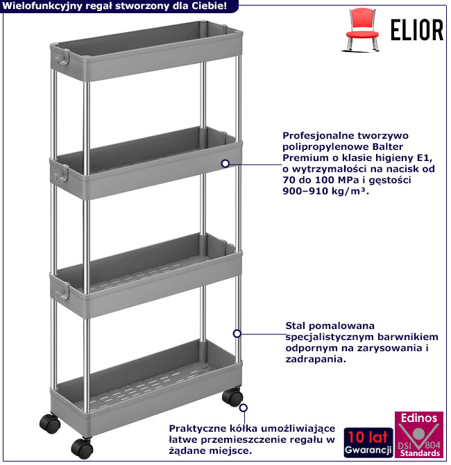 Szary regał mobilny z 4 półkami Zonex 6X