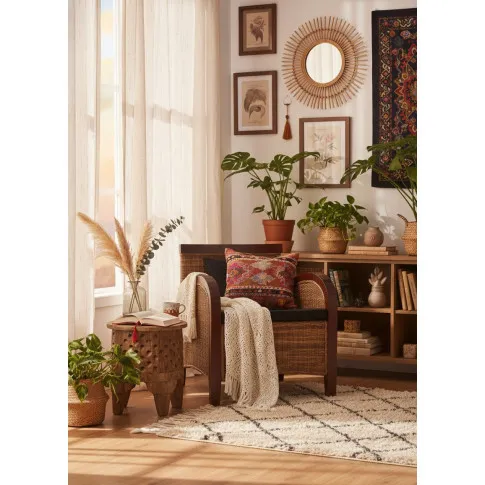 Rattanowy fotel z drewnianymi podłokietnikami   Nestiv