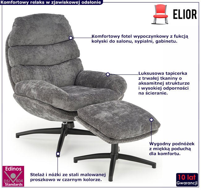 popielaty fotel z funkcją kołyski i podnóżkiem Berser