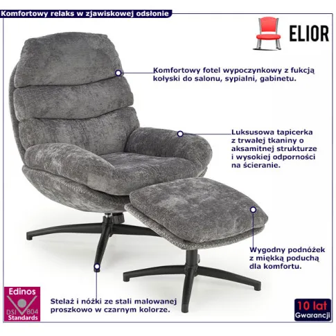 wypoczynkowy fotel z podnóżkiem popielaty Perez