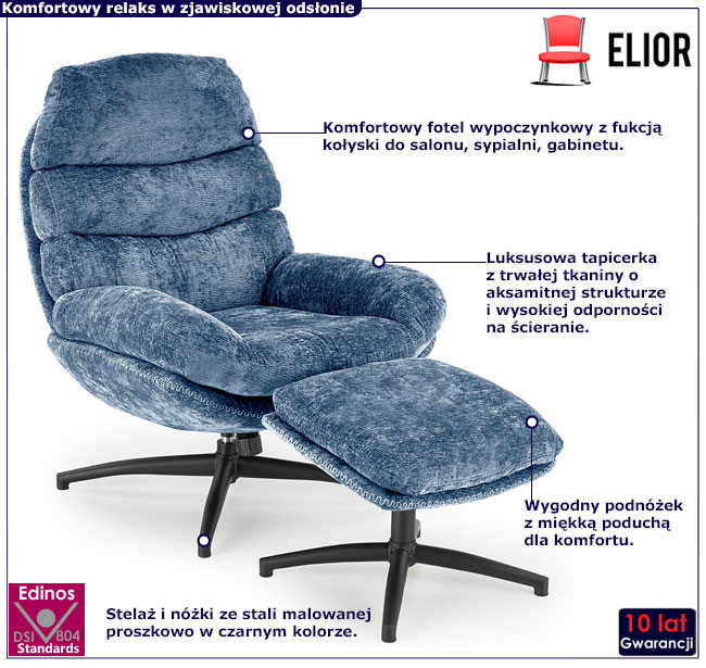 niebieski fotel z funkcją kołyski i podnóżkiem Berser