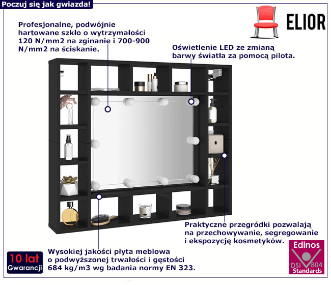 Czarna toaletka z lustrem i przegródkami na biurko Eda