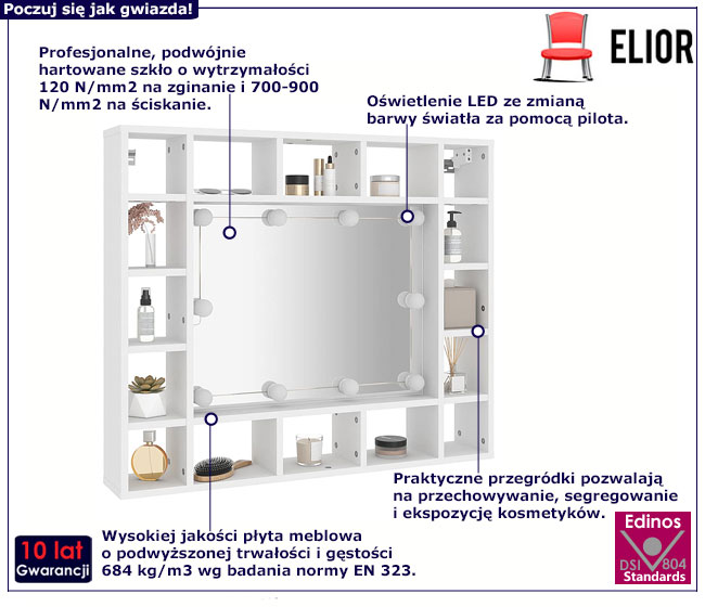 Biała toaletka z lustrem i przegródkami na biurko Eda