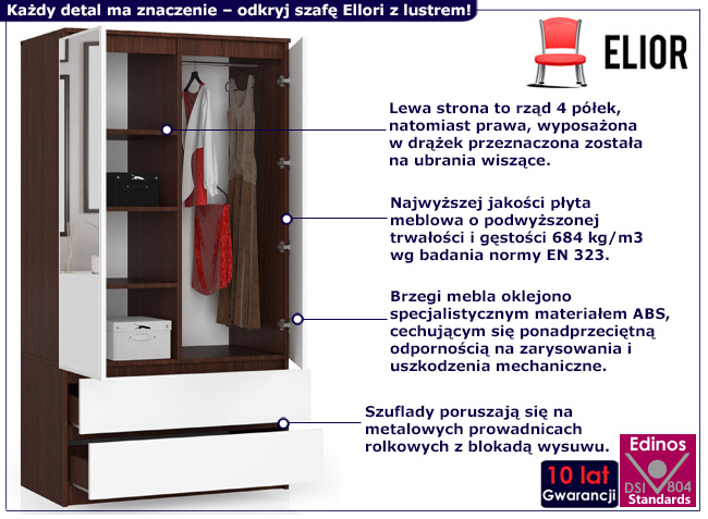 Szafa z drążkiem i półkami Ellori wenge+biały