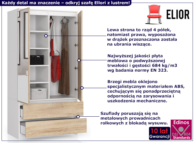 Szafa z drążkiem i półkami Ellori biały+dąb sonoma