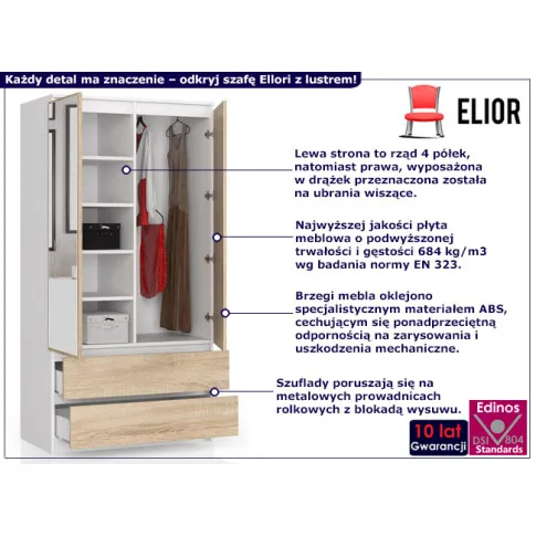 Dwudrzwiowa szafa z lustrem Ellori biały dąb sonoma