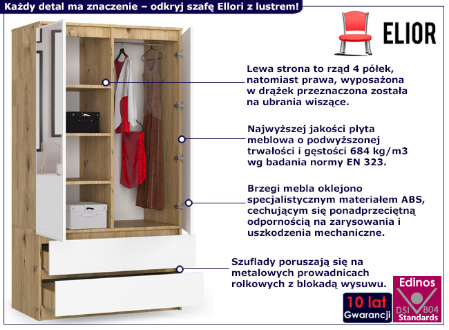 Szafa z drążkiem i półkami Ellori dąb artisan+ biały