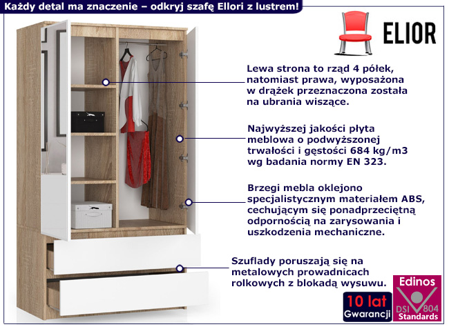 Szafa z drążkiem i półkami Ellori dąb sonoma+biały