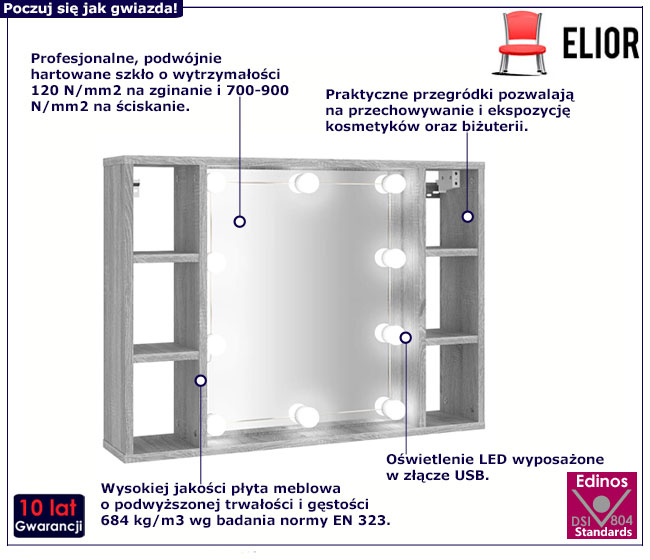 Toaletka z lustrem i oświetleniem na biurko szary dąb sonoma Deron