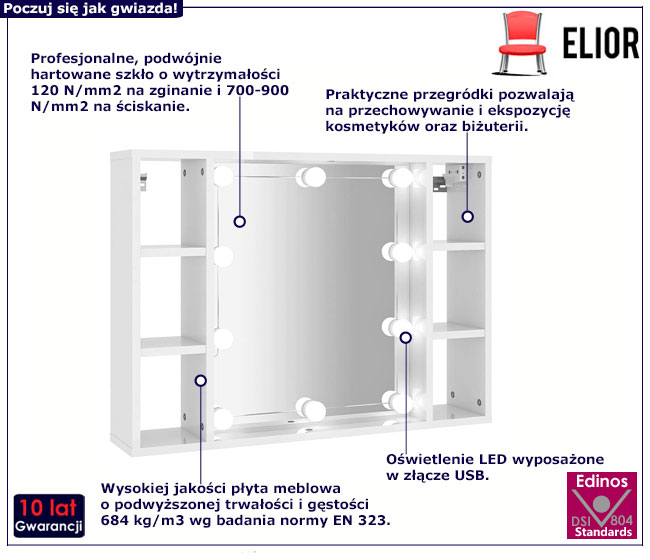 Biała toaletka z lustrem i oświetleniem na biurko w połysku Deron