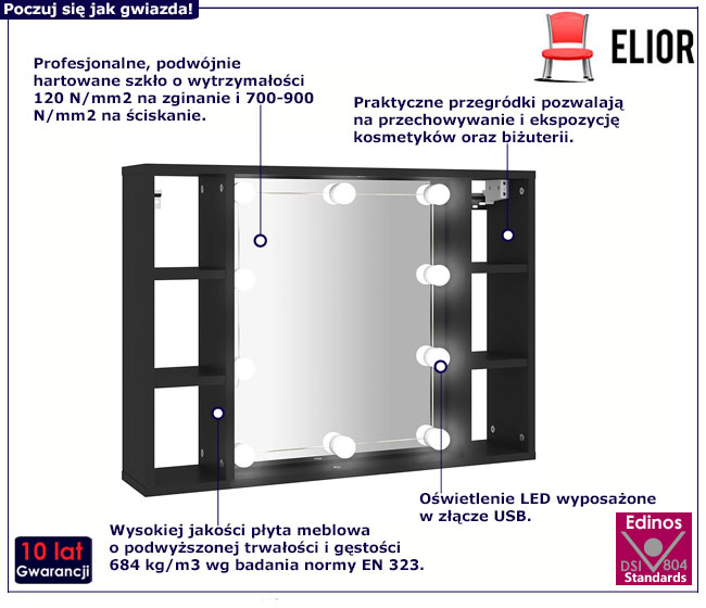 Czarna toaletka z lustrem i oświetleniem na biurko Deron