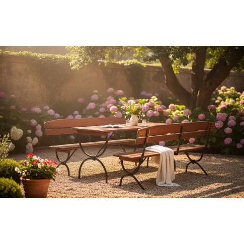 Zestaw składany drewniany stół i 2 ławki z oparciem   Ogia