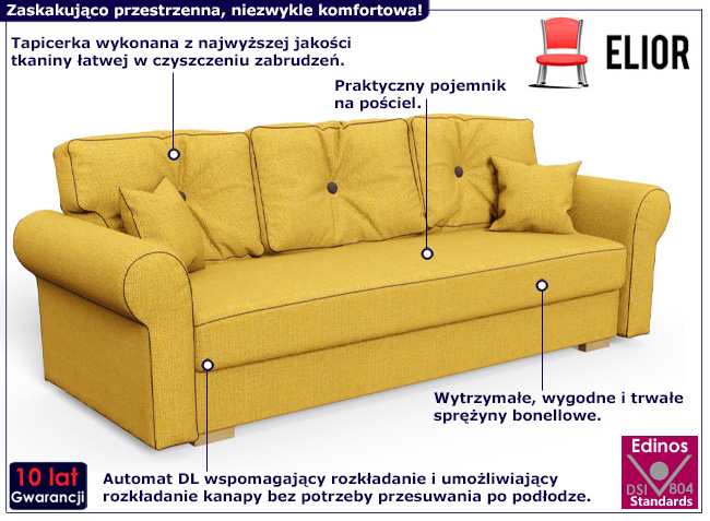 Rozkładana żółta kanapa Turin 3X