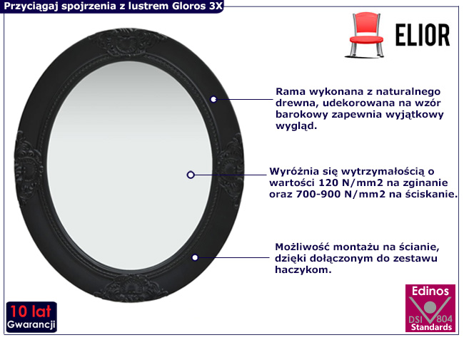 Czarne vintage lustro Gloros 3X