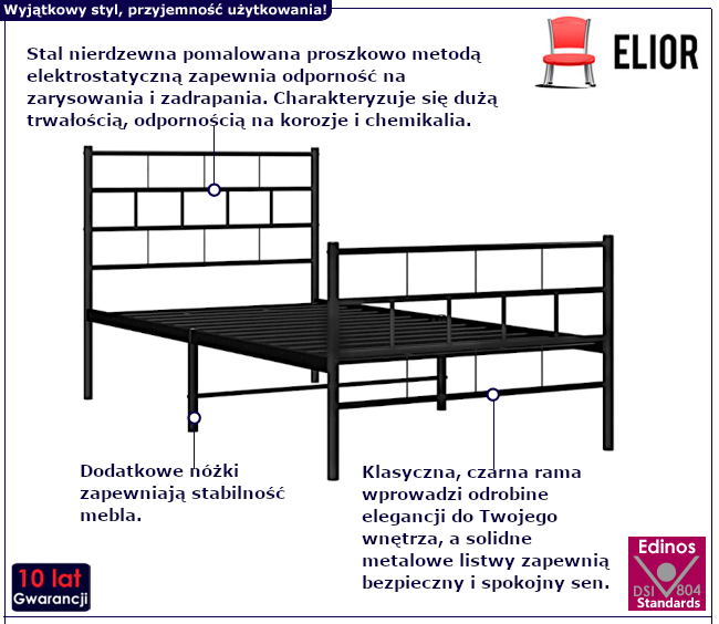 Czarne łóżko z klasyczną ramą Lunaro