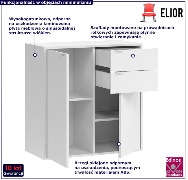 Biała nowoczesna komoda z 2 drzwiami i 2 szufladami Pevo