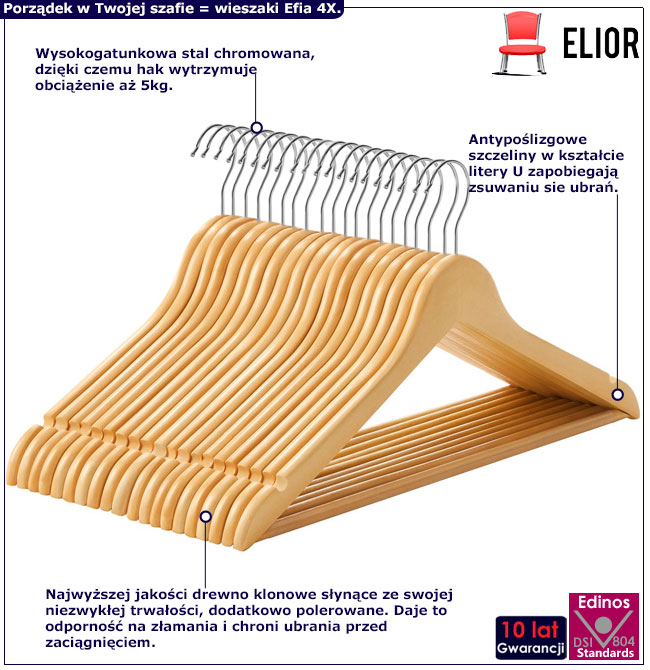 Komplet 20 drewnianych wieszaków na ubrania Tokis 4X