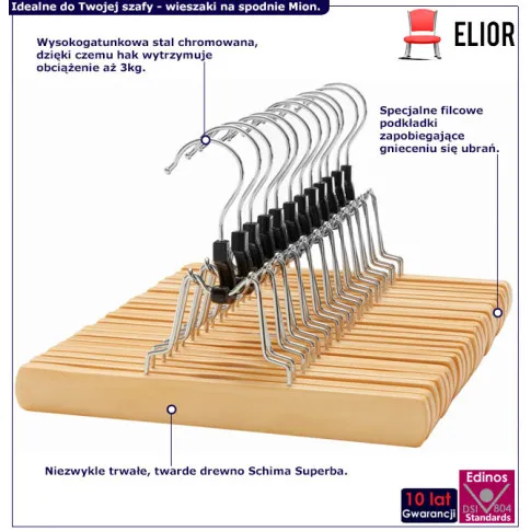 Zestaw 12 drewnianych wieszaków ubraniowych na spodnie Mion