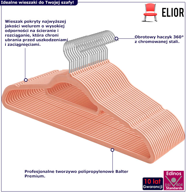 Infografika kompletu 20 różowych wieszaków welurowych Bomo 3X
