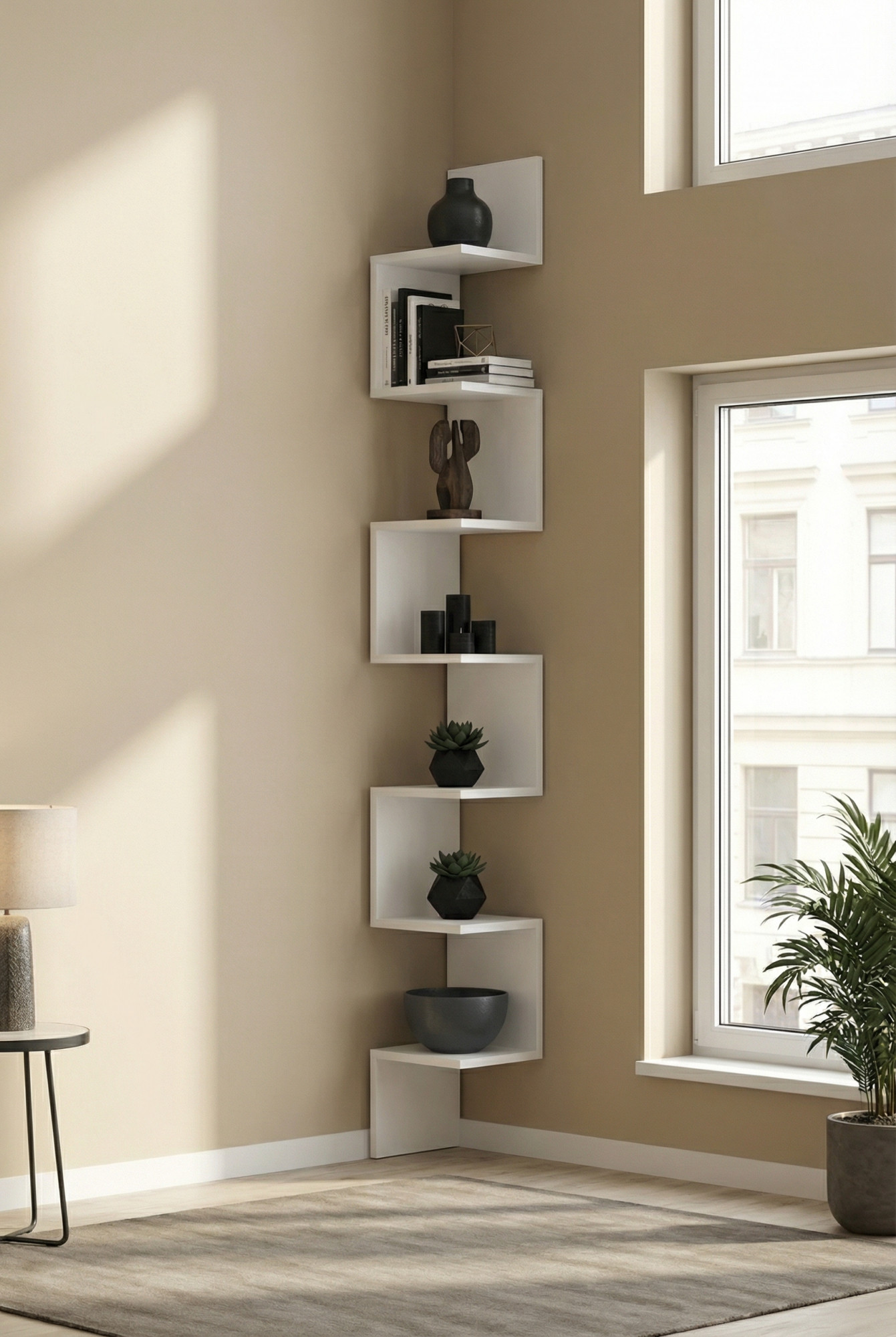 Aranżacja wnętrza z narożną białą półką Flora 5X