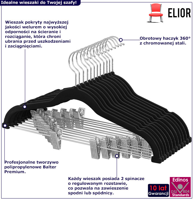 Komplet 12 wieszaków welurowych z klamerkami Elda