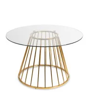Szklany okrągły stół na złotej podstawie glamour - Owen