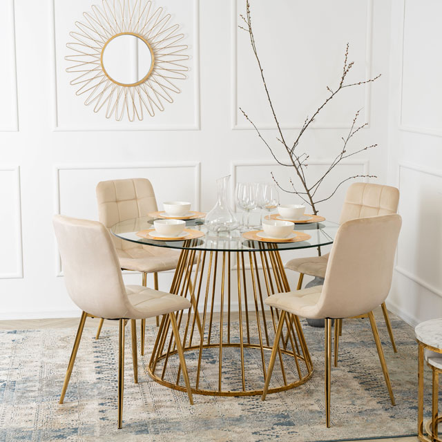 Szklany stół na złotej podstawie w stylu glamour Nalo