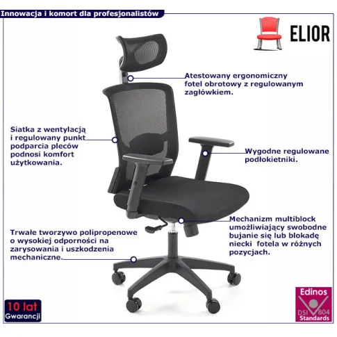 Fotografia Fotel biurowy zgodny z rozporządzeniem MR i PS z 2023r. czarny - Sangar z kategorii Fotele biurowe