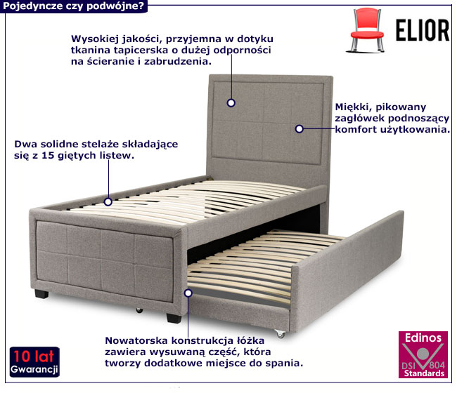 Szare rozkładane łóżko tapicerowane ze stelażami Wordis