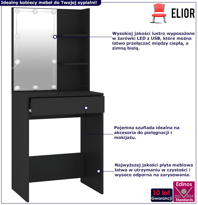 Toaletka do pokoju z szufladą i podświetlanym lustrem czarny Mollugo