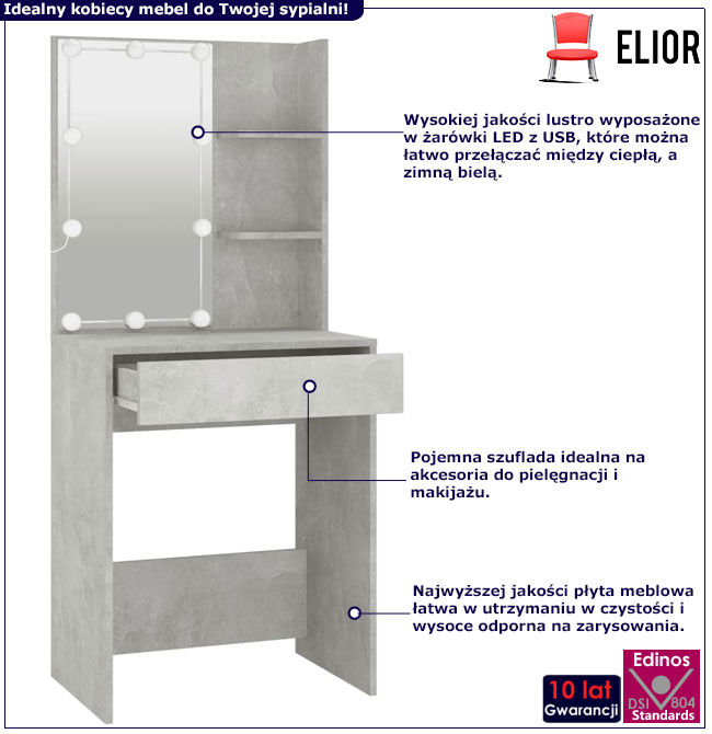 Toaletka do pokoju z szufladą i podświetlanym lustrem szarość betonu Mollugo