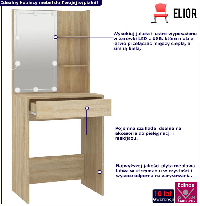 Toaletka do pokoju z szufladą i podświetlanym lustrem dąb sonoma Mollugo
