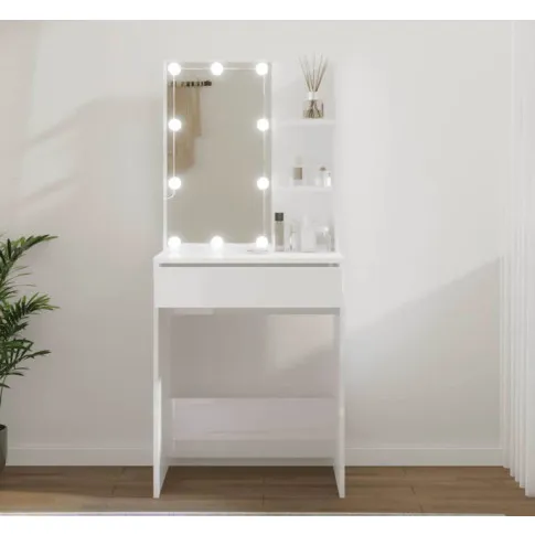 Zdjęcie biała wąska toaletka z lustrem LED w połysku Sofini - sklep Edinos.pl