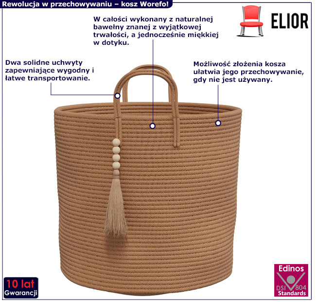 Bawełniany kosz na pranie Kamaro kolor brązowy