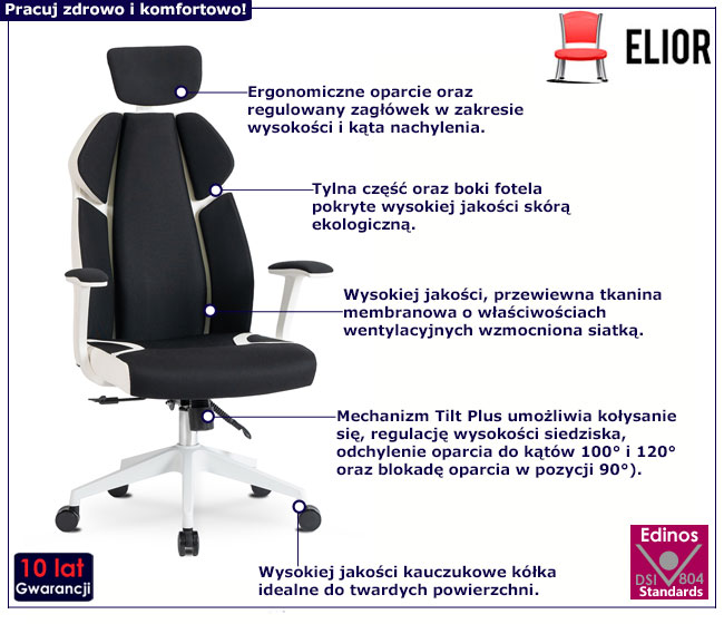 Czarno-biały fotel biurowy ergonomiczny Idom