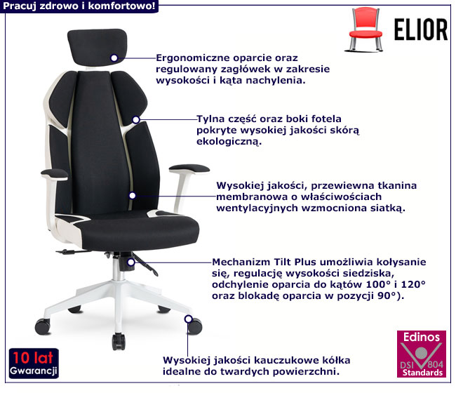 Czarno-biały fotel biurowy ergonomiczny Rufev