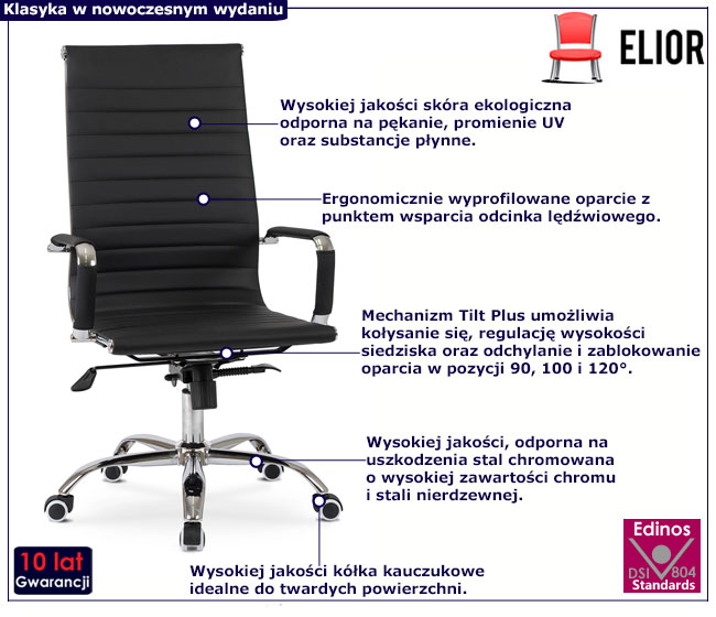 Czarny fotel biurowy ergonomiczny ze skóry ekologicznej Vemo