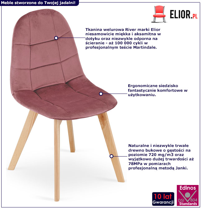Infografika ciemnoróżowe drewniane welurowe krzesło Kiraz 3X