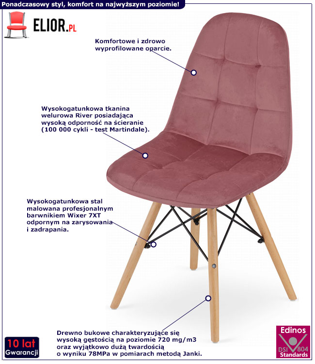 Ciemnoróżowe pikowane krzesło drewniane Mando 3X