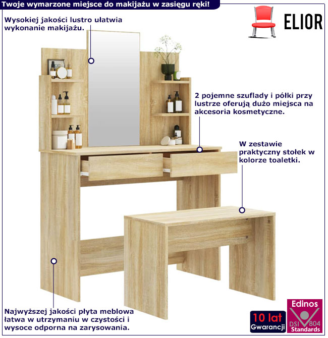 Nowoczesna toaletka ze stołkiem i lustrem dąb sonoma Nodia