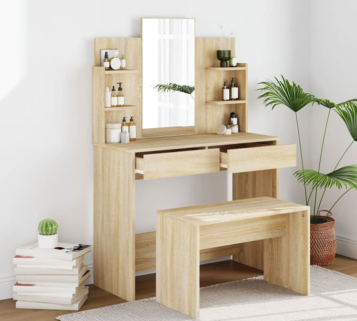 Sypialnia z wykorzystaniem zestawu toaletka z lustrem Nodia dąb sonoma