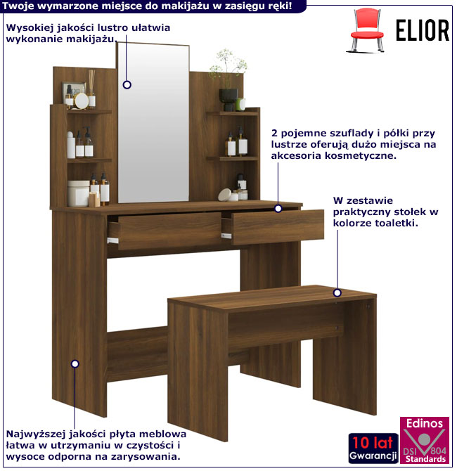 Nowoczesna toaletka ze stołkiem i lustrem brązowy dąb Nodia