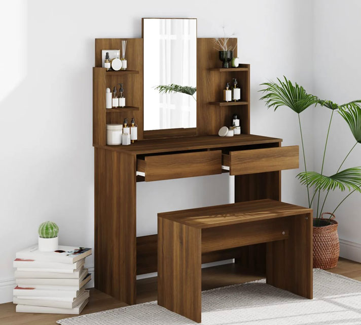 Sypialnia z wykorzystaniem zestawu toaletka z lustrem Nodia brązowy dąb