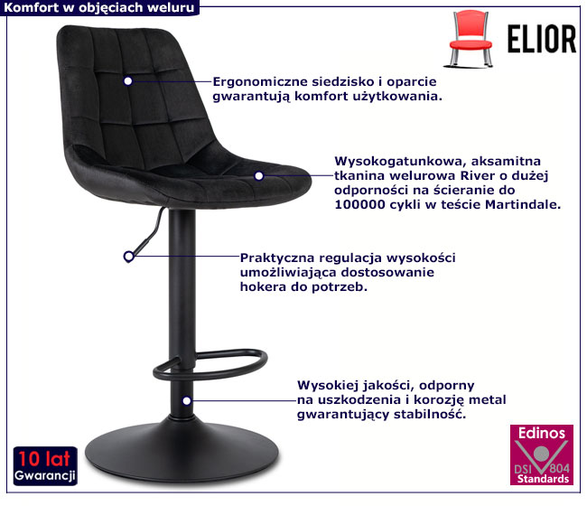 Czarny pikowany hoker welurowy z oparciem Sarisa