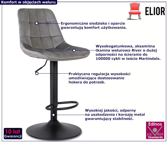 Szary pikowany hoker welurowy z oparciem Sarisa