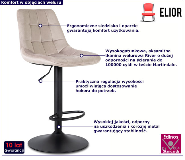 Beżowy pikowany hoker welurowy z oparciem Sarisa