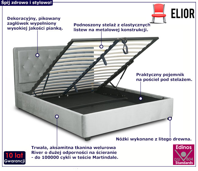 Szare welurowe łóżko małżeńskie z pojemnikiem Wezuwix