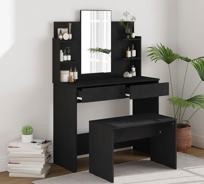 Sypialnia z wykorzystaniem zestawu czarna toaletka z lustrem Nodia