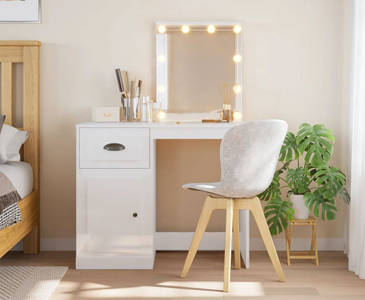 Sypialnia nowoczesna z toaletką z lampkami Ergik biały połysk