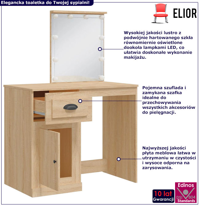 Skandynawska toaletka z lustrem podświetlanym Ergik dąb sonoma